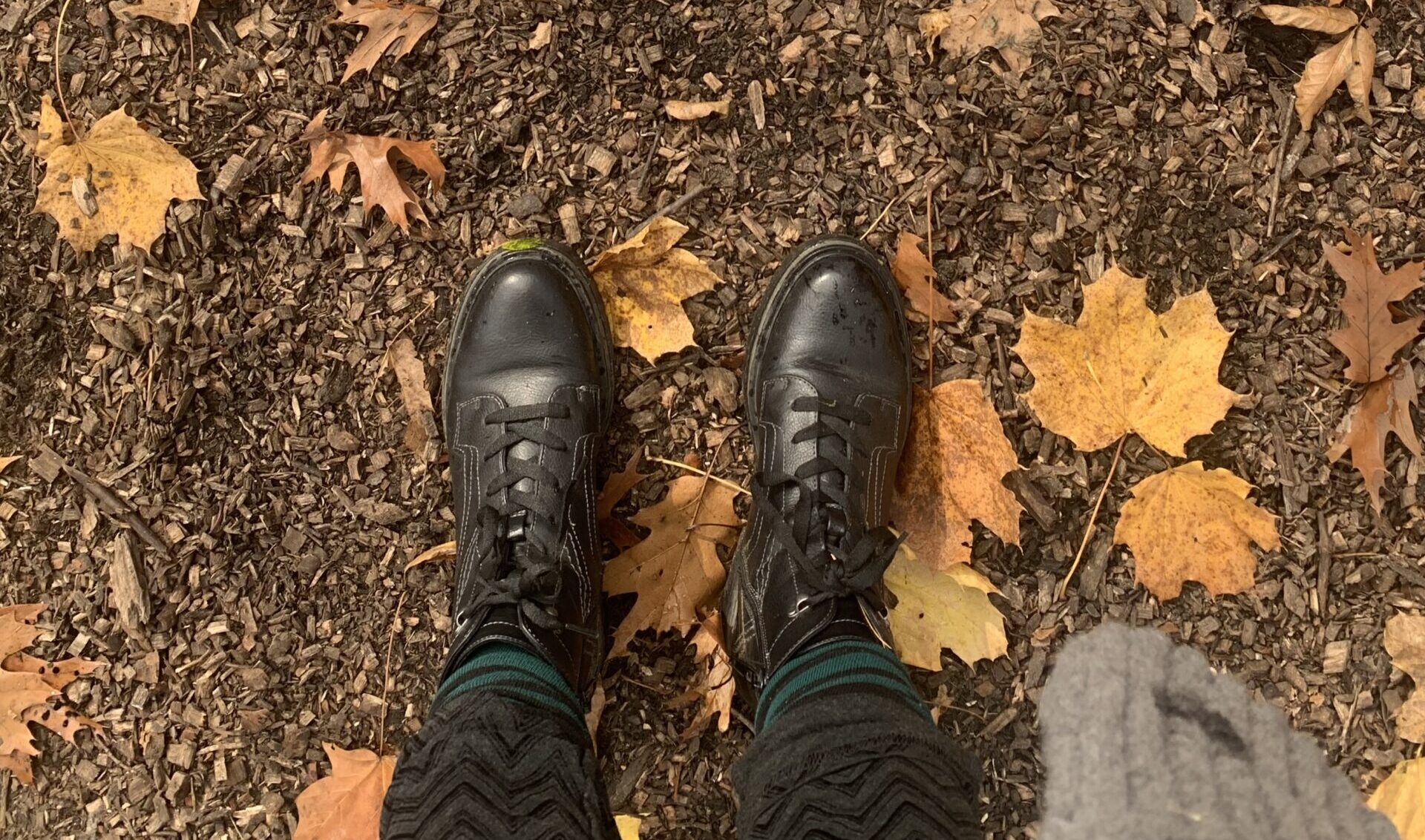 photo of feet on the ground with autumn leaves